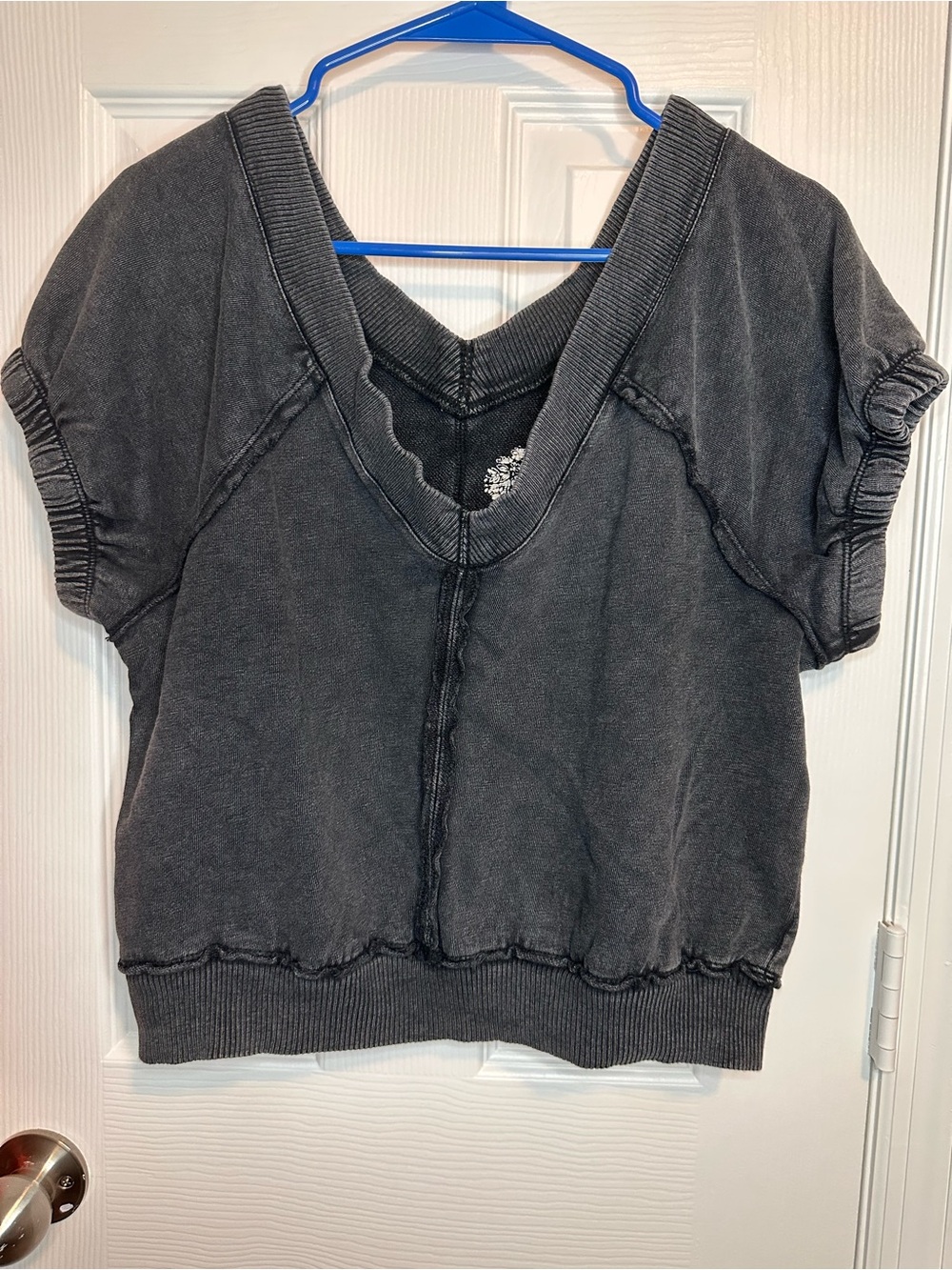 Pilcro Washed Charcoal V-Neck Short Sleeve Sweatshirt